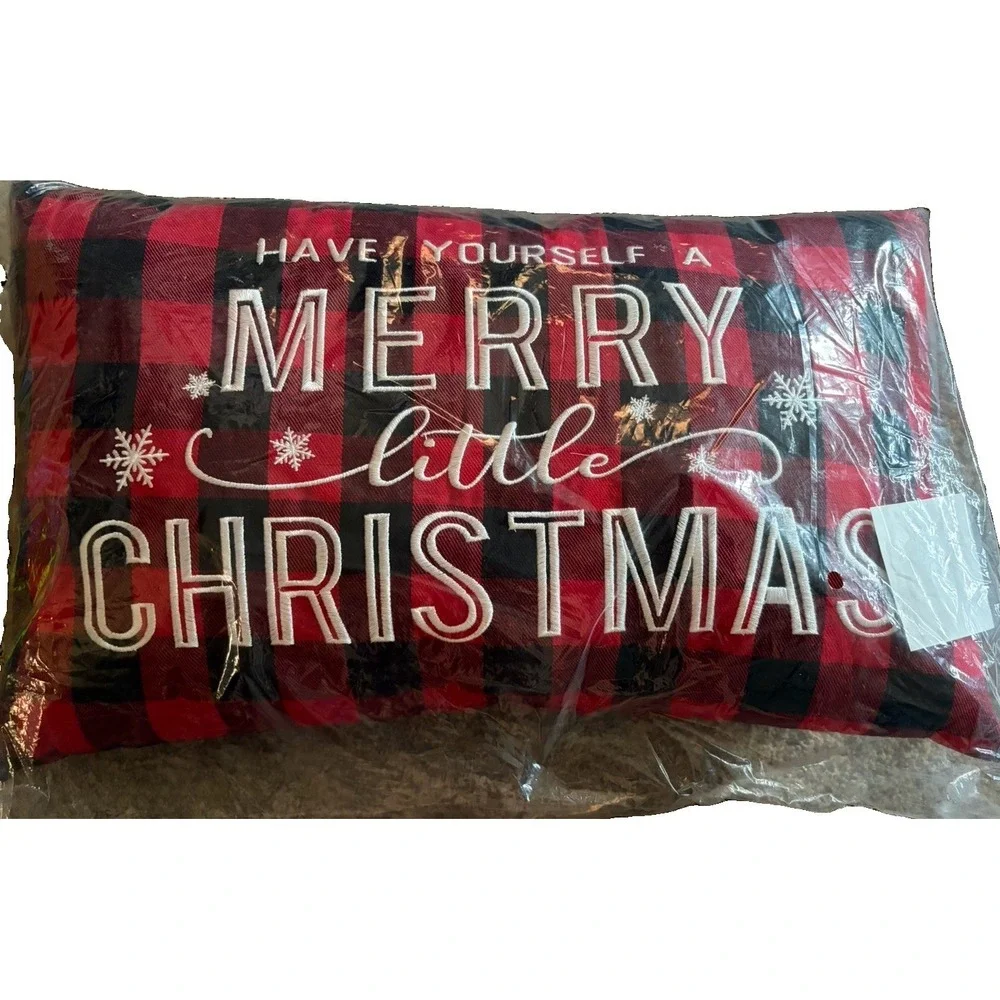 Christmas Buffalo Plaid Throw Pillow Merry Little Christmas 20x12 Red Black NIP